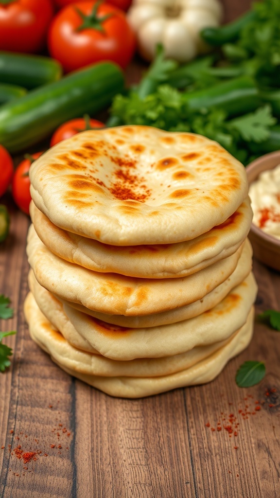 Homemade Pita Bread Recipe Freshly baked pita bread stacked on a wooden table with hummus and fresh vegetables.